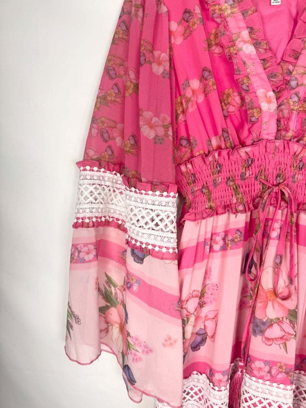 Whimsical Faeriesty Pink Floral Boho Style Maxi Dress with Lace Trim Size M - Picture 3 of 9